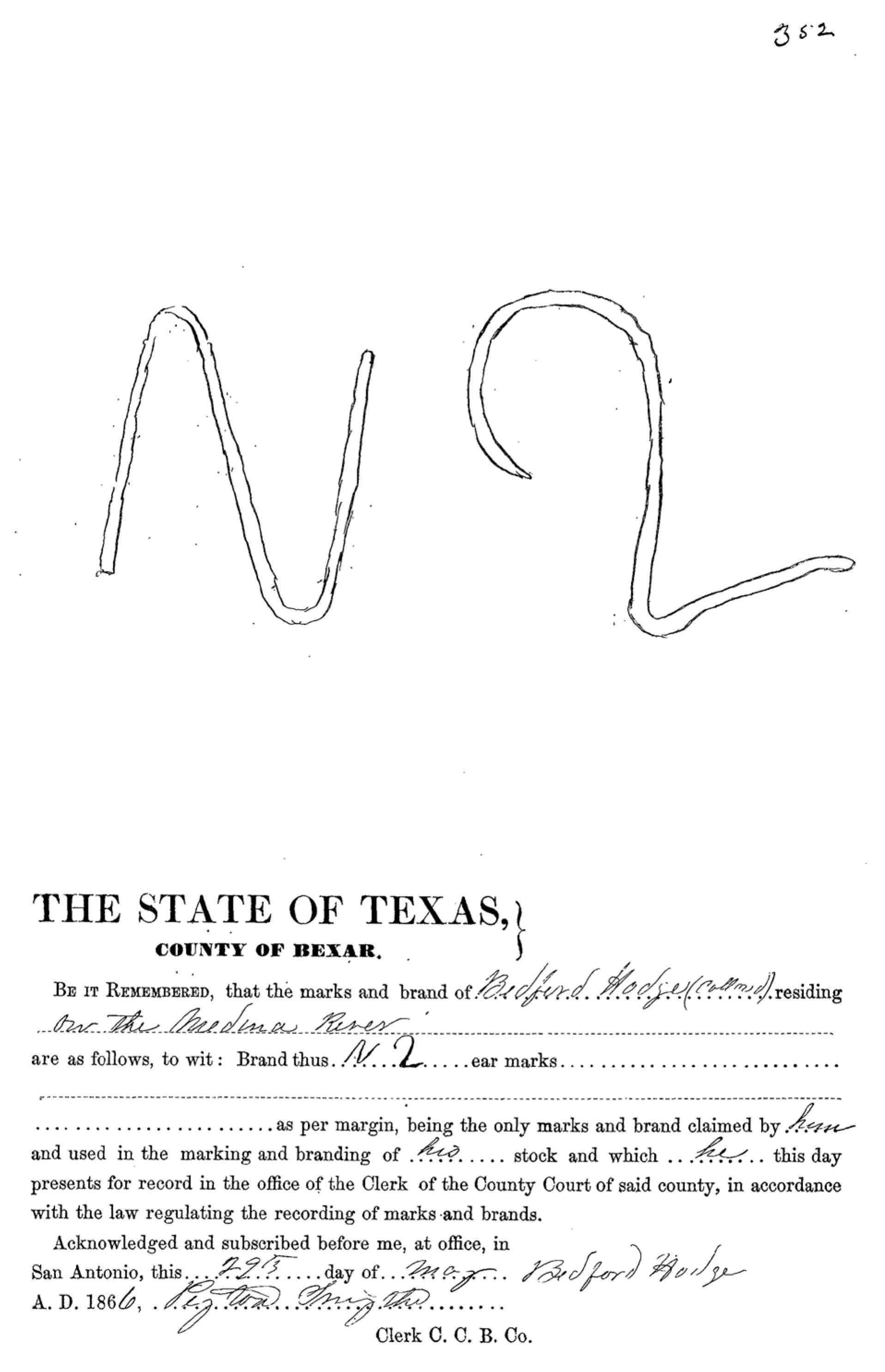 Bedford Hodges 1866 Brand Certificate courtesy Bexar County Spanish Archives