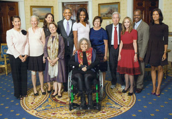 2014 National Humanities Medalists (Left to right): Evelyn Brooks Higginbotham/ philosopher, novelist; Annie Dillard/author; Marina van Zuylen/The Clemente Course on the Humanities; Alice Waters/author, food activist; President Barack Obama; First Lady Michelle Obama; Fedwa Malti-Douglas/scholar; Vicki Lynn Ruiz/historian; Larry McMurtry/novelist; Rebecca Newberger Goldstein/ philosopher, novelist; Everett L. Fly/landscape architect,architect, preservationist; Jhumpa Lahiri/writer novelist